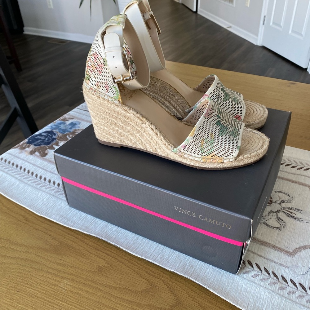 Vince Camuto Beige and Multicolor Wedge Sandals